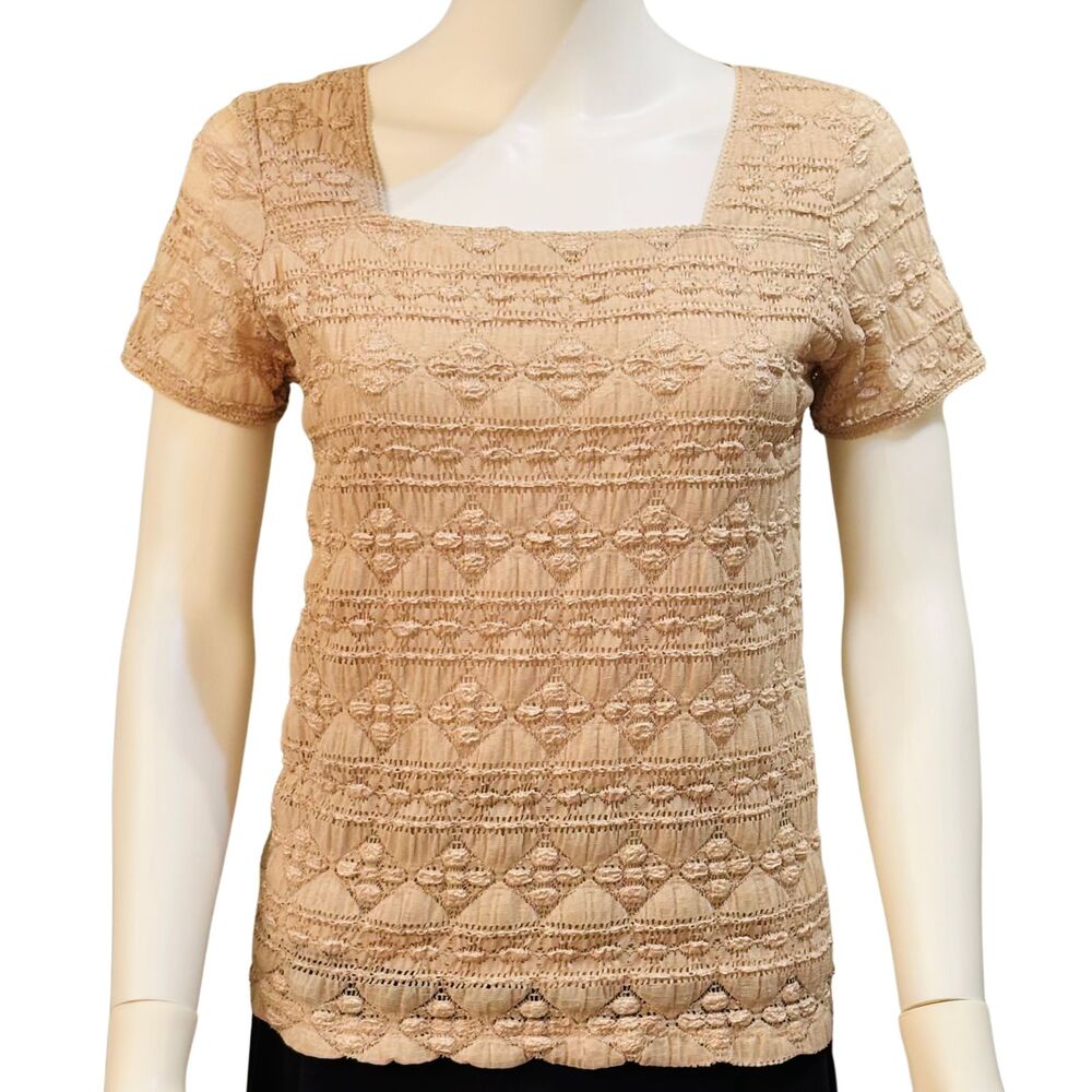 East 5th M Tan Textured Lined Elegant/Classic Square Shaped Neckline Blouse